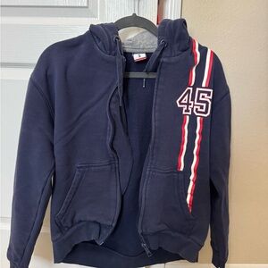 F45 Navy Blue Women's Hoodie with Red and White Stripes